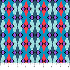 Geometric pattern fabric with red, blue, and purple diamonds on a white background
