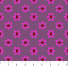 Pattern of pink flowers with red centers on a purple background
