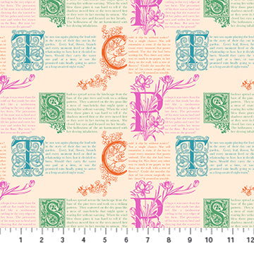 Textile with decorative letters and floral patterns on a beige background