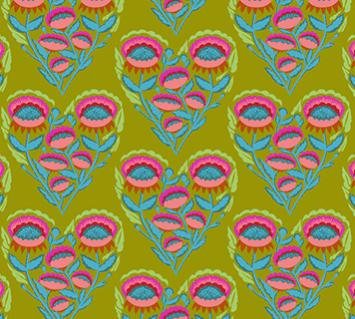 Pattern of pink and blue floral hearts on a green background