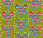 Pattern of pink and blue floral hearts on a green background