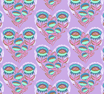 Pattern of colorful floral designs on a purple background