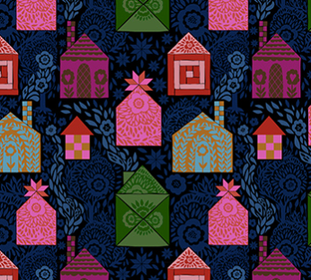 Pattern of colorful houses and envelopes on a dark blue background