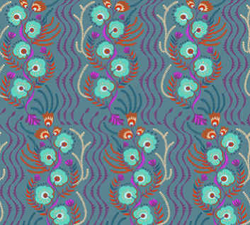Decorative pattern with flowers and wavy lines on a blue background
