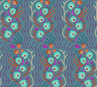 Decorative pattern with flowers and wavy lines on a blue background