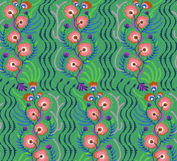 Pattern of pink flowers with green leaves on a green background