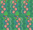 Pattern of pink flowers with green leaves on a green background