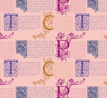 Patterned fabric with decorative letters and text on a pink background