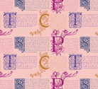 Patterned fabric with decorative letters and text on a pink background
