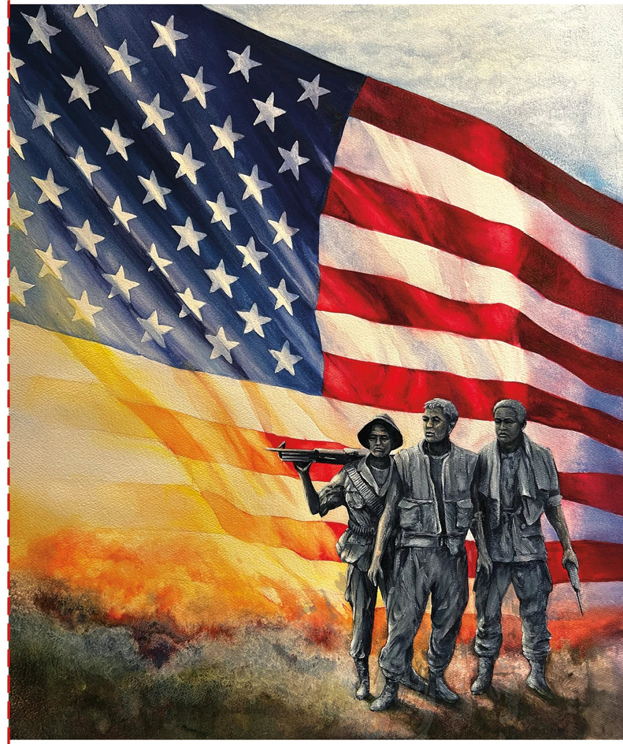 Three figures holding rifles in front of an American flag with a sunset background