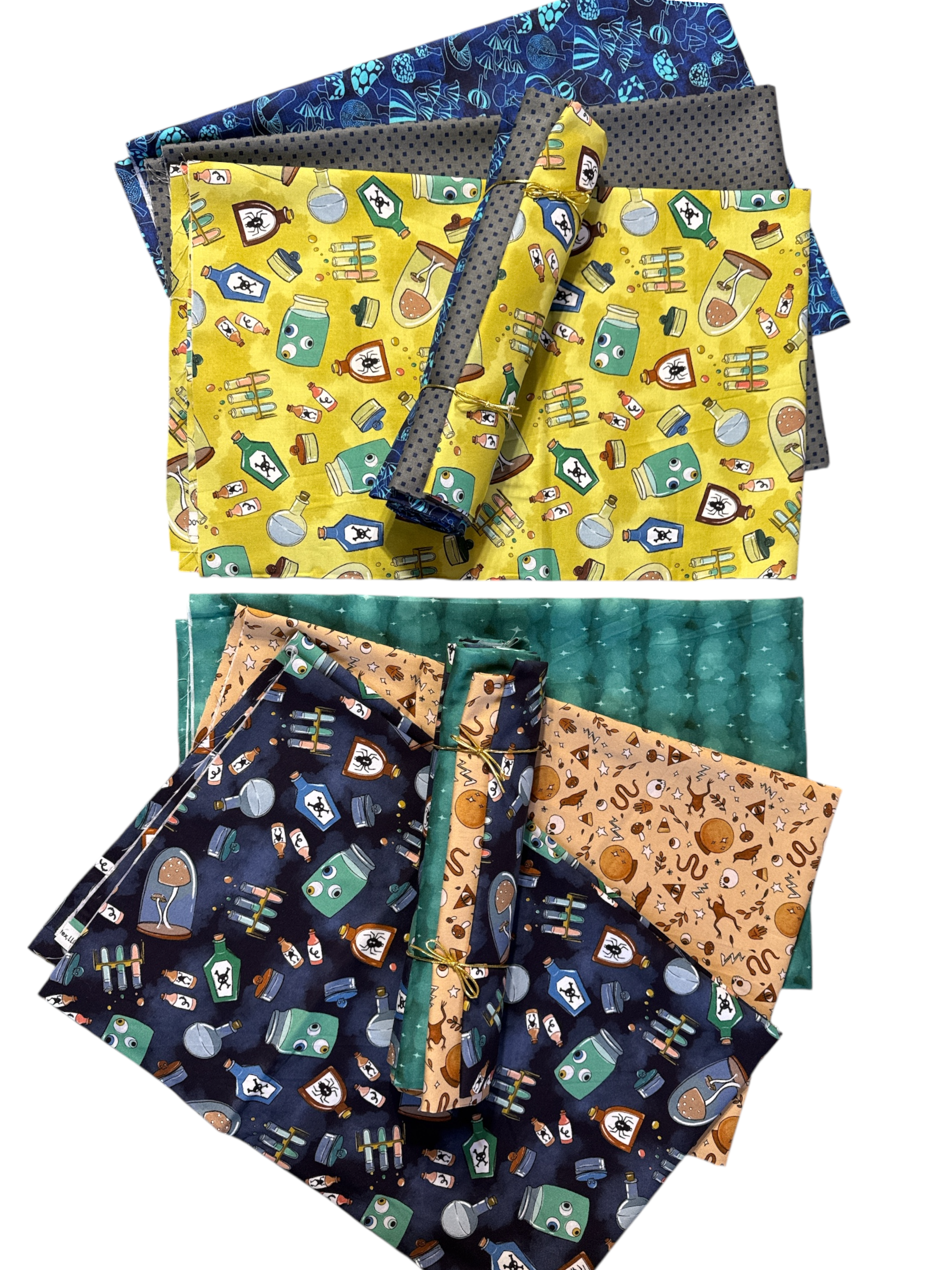 Collection of fabric swatches in various patterns and colors on a white background