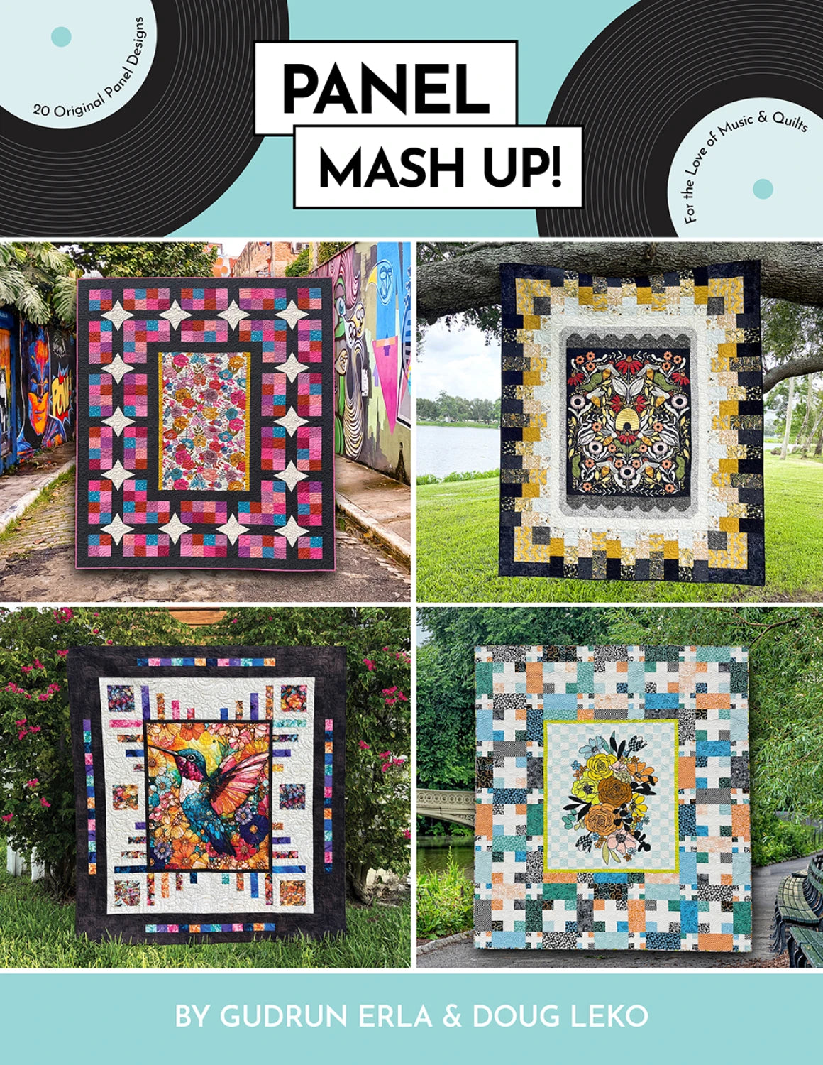 Four colorful quilt panels displayed against a natural background with text 'Panel Mash Up!' and authors' names. Carmon's Quilt Shop