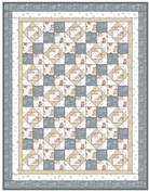 Quilt with diamond pattern featuring small images of children on a blue and beige background