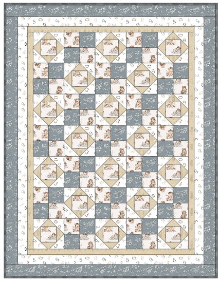 Quilt with diamond pattern featuring small images of children on a blue and beige background