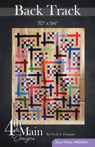 Quilt pattern with colorful cross designs on a dark background, featuring '4th & Main Designs'  Back Track Quilt Pattern 4MD-003 Scott Flanagan - Carmon's Quilt Shopbranding.
