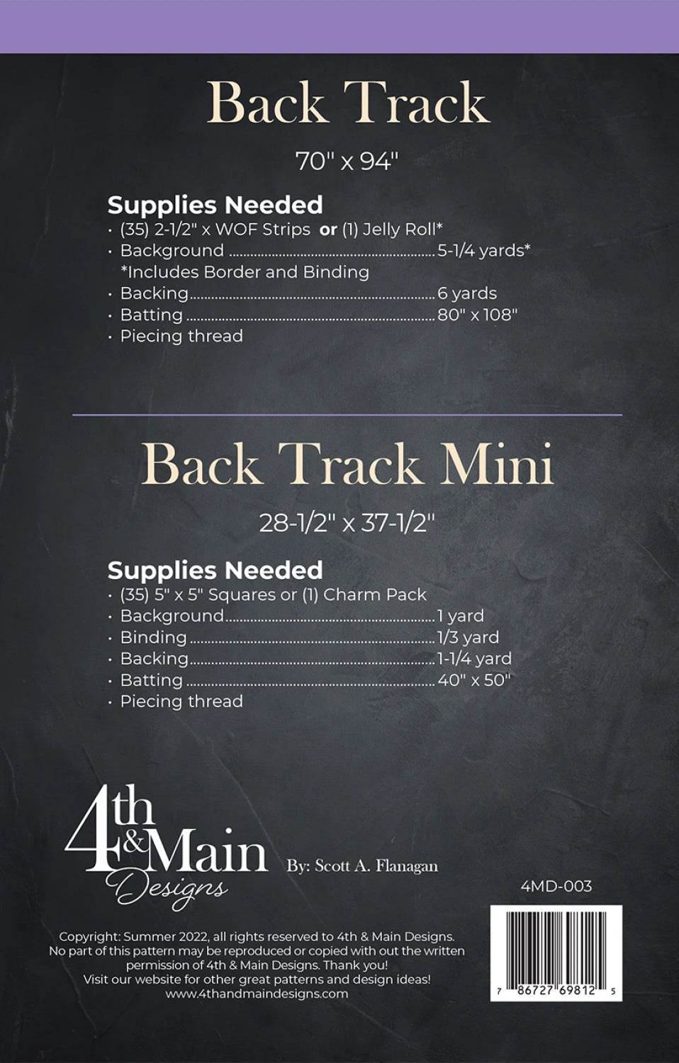 Pattern guide for 'Back Track' and 'Back Track Mini' by 4th & Main Designs on a dark background. Back Track Quilt Pattern 4MD-003 Scott Flanagan - Carmon's Quilt Shop Back Cover