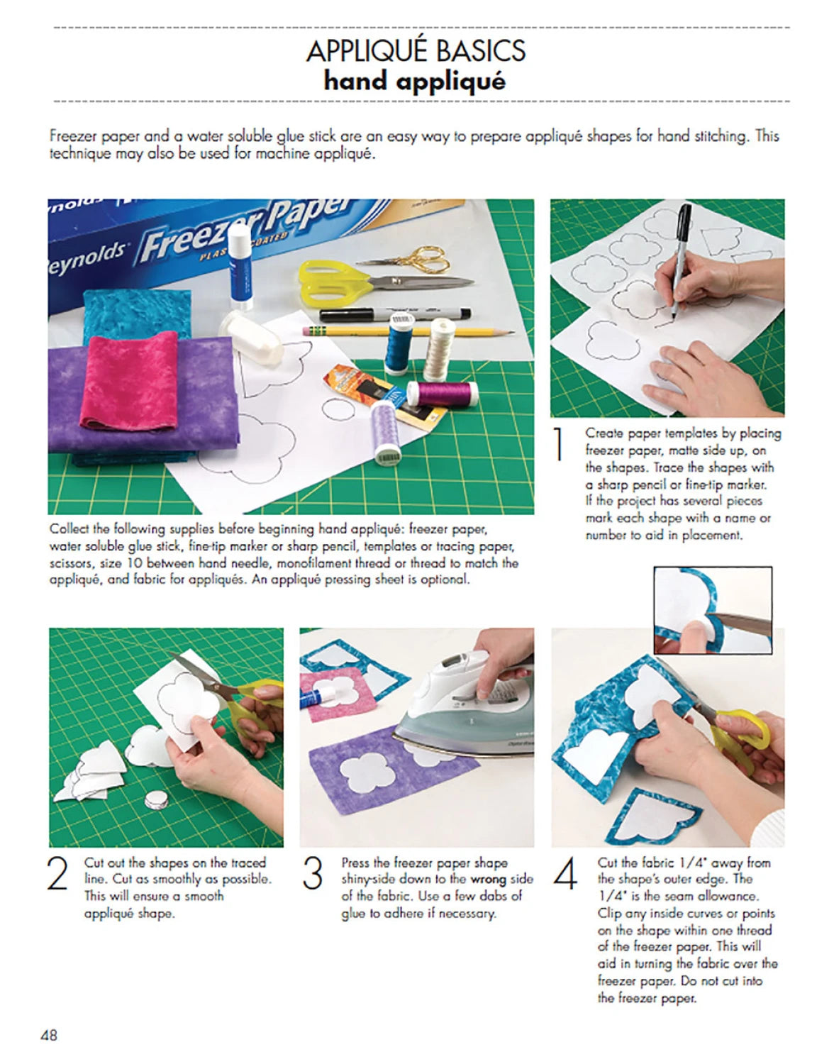 Instructions for hand appliqué with materials and steps displayed.