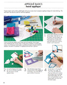 Instructions for hand appliqué with materials and steps displayed.