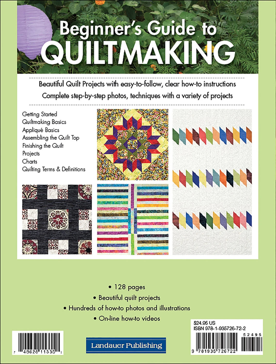 Book cover of 'Beginner's Guide to Quiltmaking' with quilt images and text on a green background