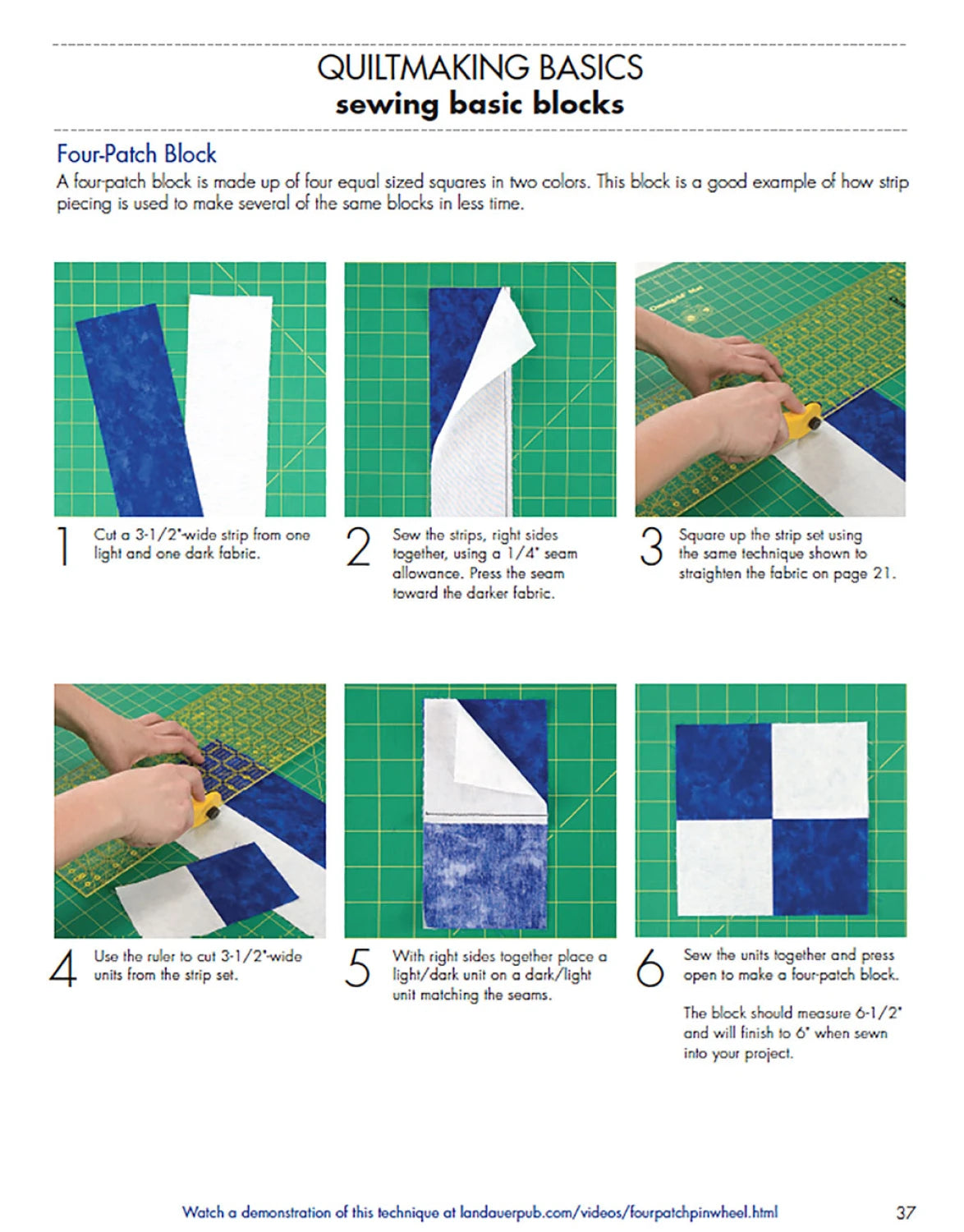 Quiltmaking basics instruction sheet for creating a four-patch block with step-by-step diagrams and text.