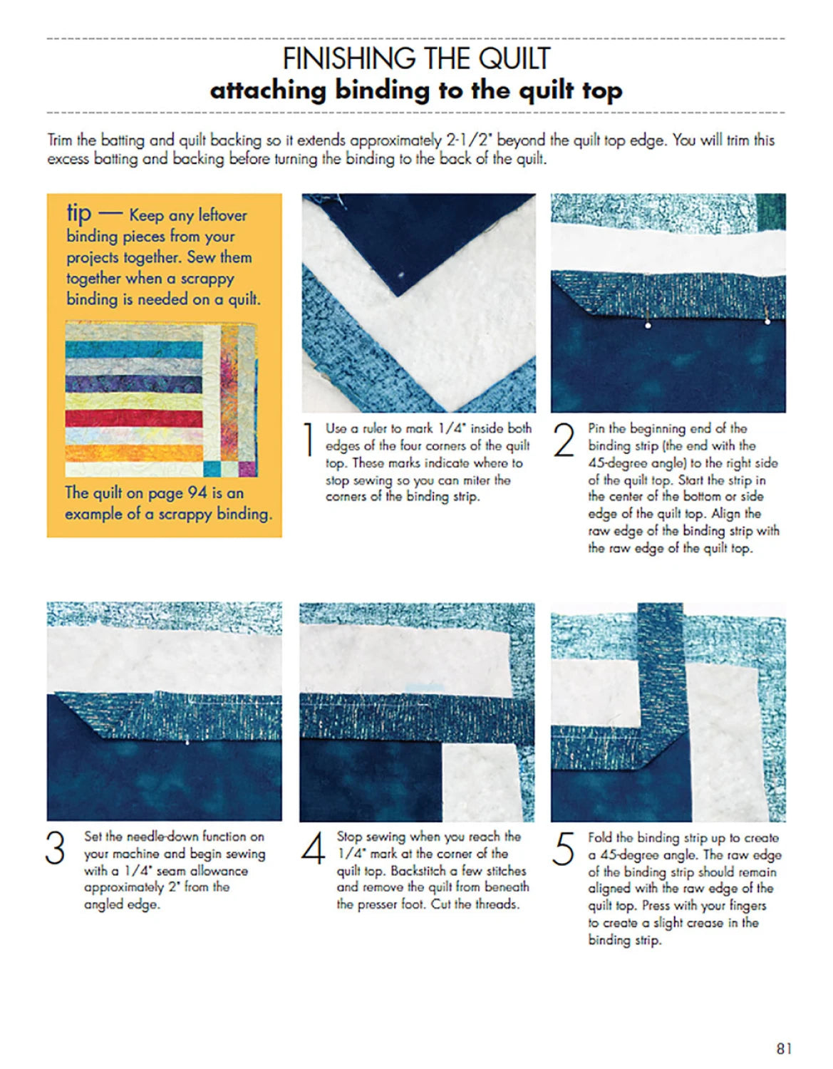 Quilting tutorial page with step-by-step instructions on attaching binding to a quilt top.