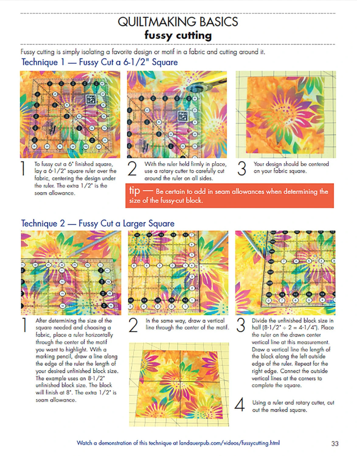Quiltmaking basics guide with colorful fabric samples and step-by-step instructions on fussy cutting.