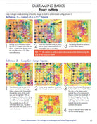 Quiltmaking basics guide with colorful fabric samples and step-by-step instructions on fussy cutting.