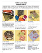 Fabric measurement chart with various fabric pieces and text on a yellow background