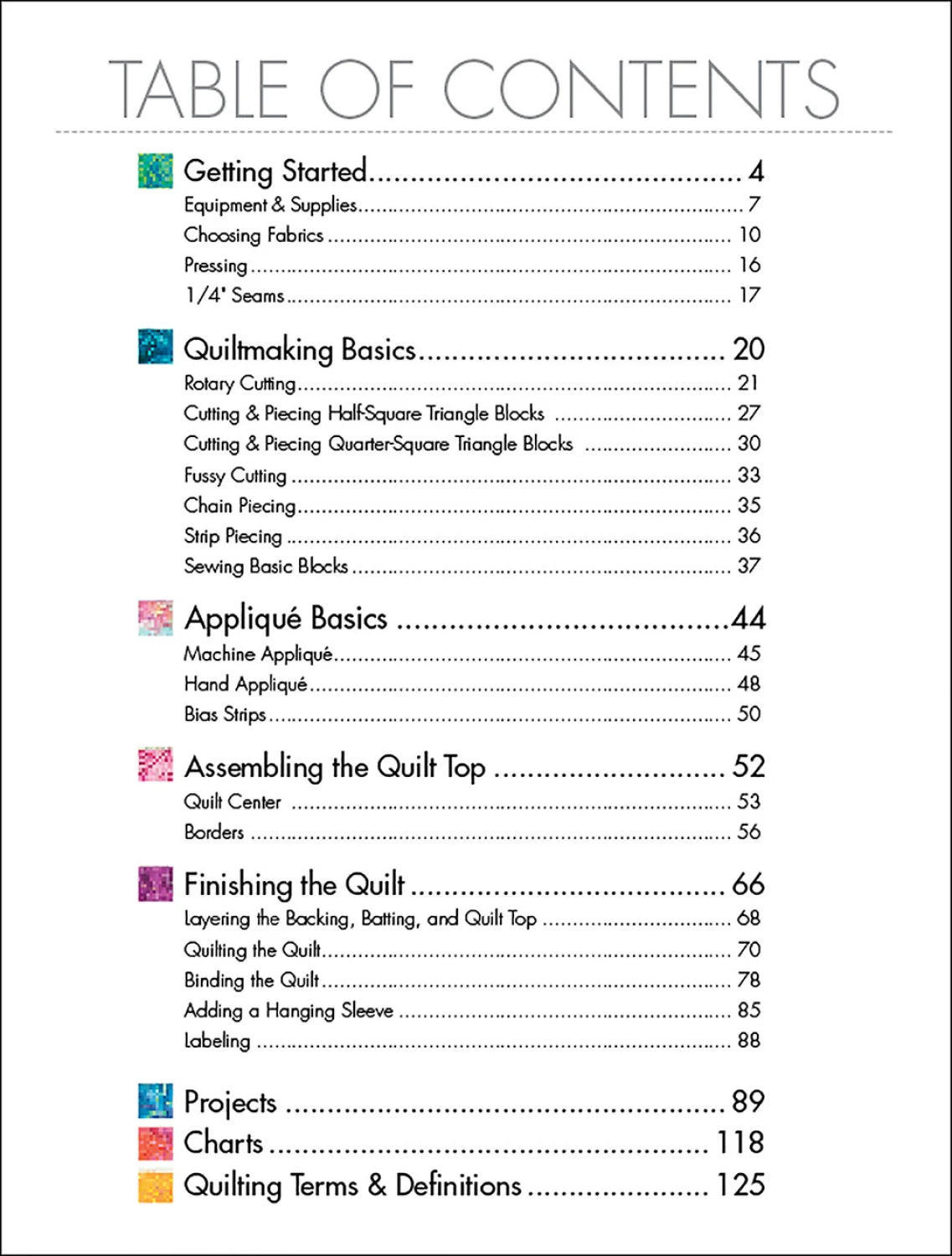 Table of contents for a quilting book with chapter headings and page numbers.