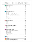 Table of contents for a quilting book with chapter headings and page numbers.
