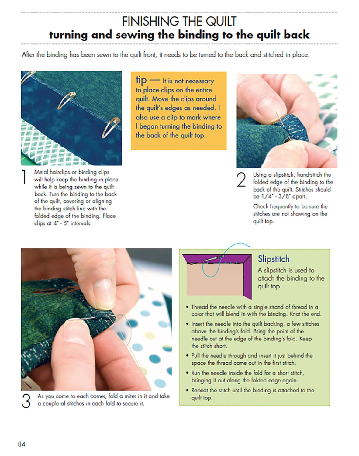 Quilting tutorial page showing steps to finish a quilt with binding