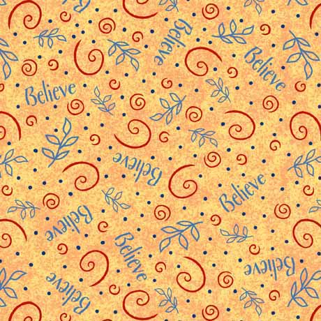 Patterned fabric with 'Believe' text, swirls, and leaves on a yellow background Believe Word Toss Fabric 30326-X QT Fabrics - Carmon's Quilt Shop