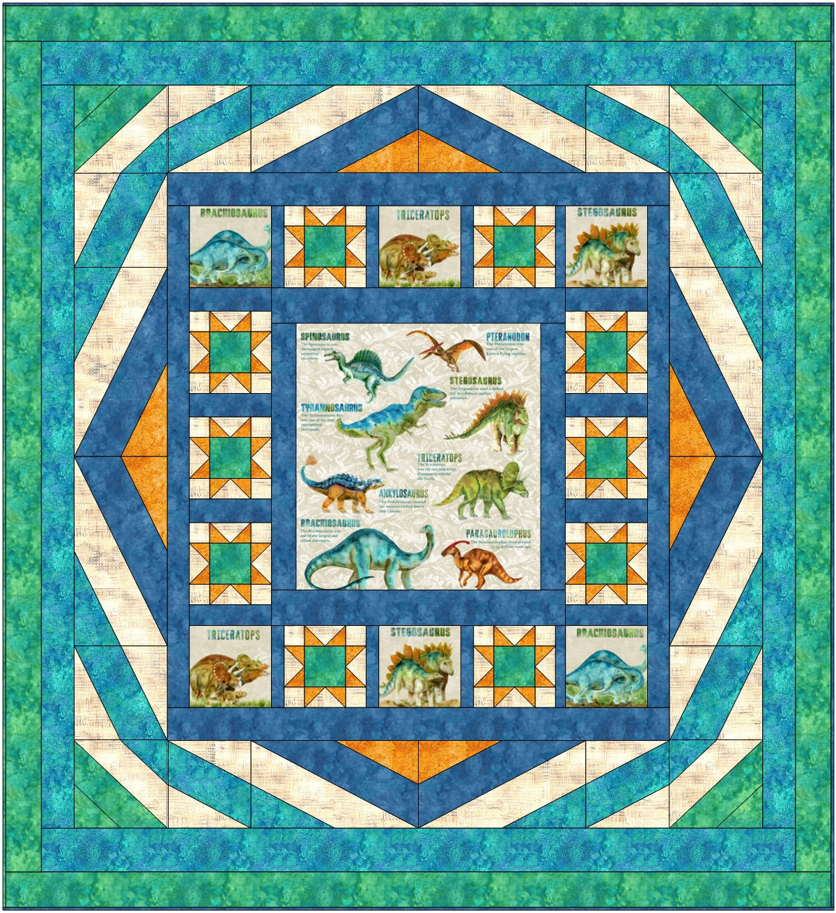 Quilt with dinosaur-themed blocks and a blue border