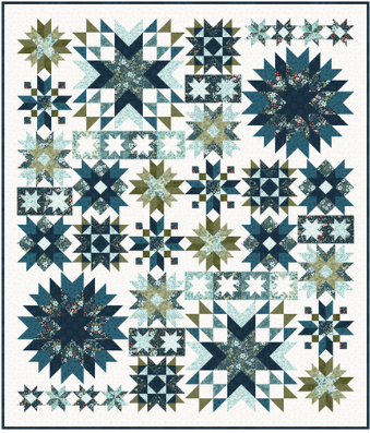 Quilt with star and block patterns in blue, green, and white on a white background
