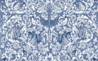 Blue and white patterned fabric with animal and floral designs