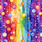 Colorful fabric with rainbow pattern and bubbles, pre-ordering information displayed. 108" Wide Backing Fabric Carmon's Quilt Shop 