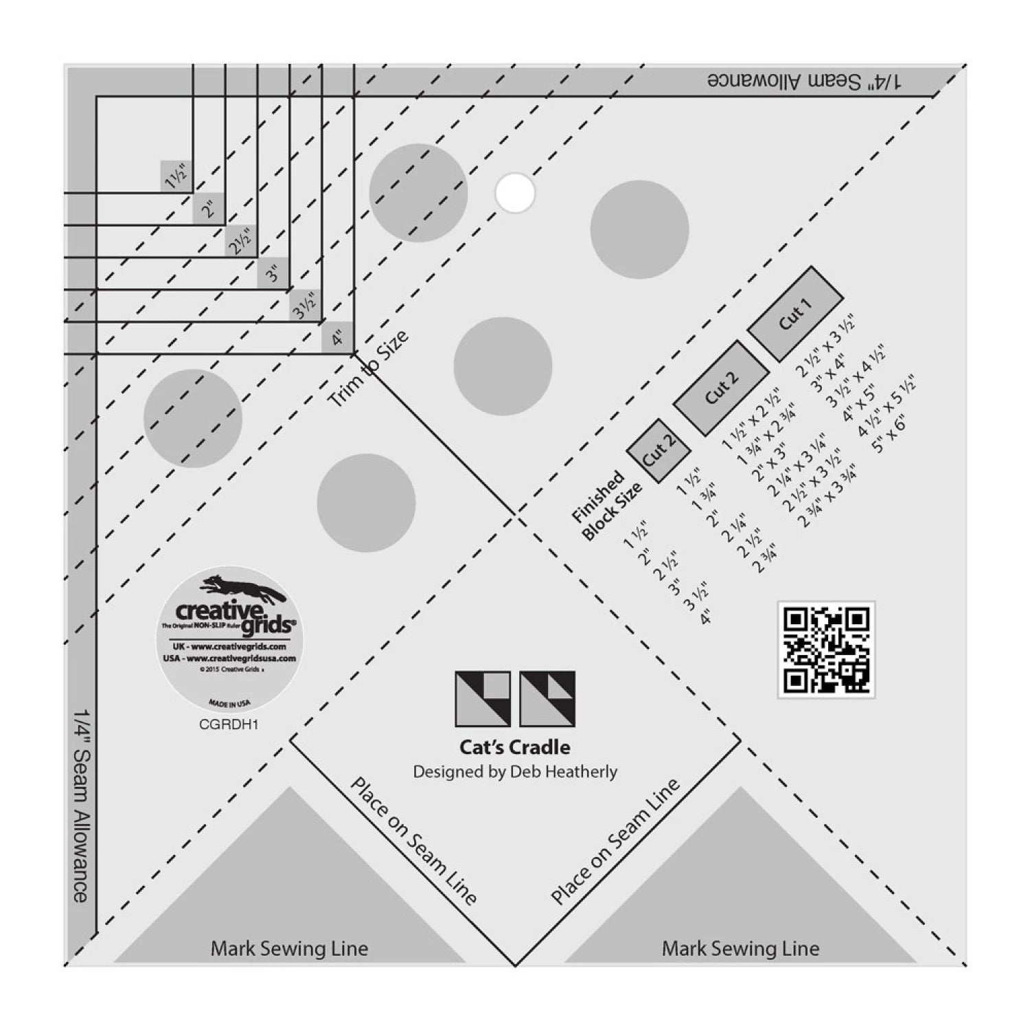 Quilting ruler with grid lines and measurements on a white background Creative Grids Quilt Ruler Cat's Cradle Tool # CGRDH1 - Carmon's Quilt Shop