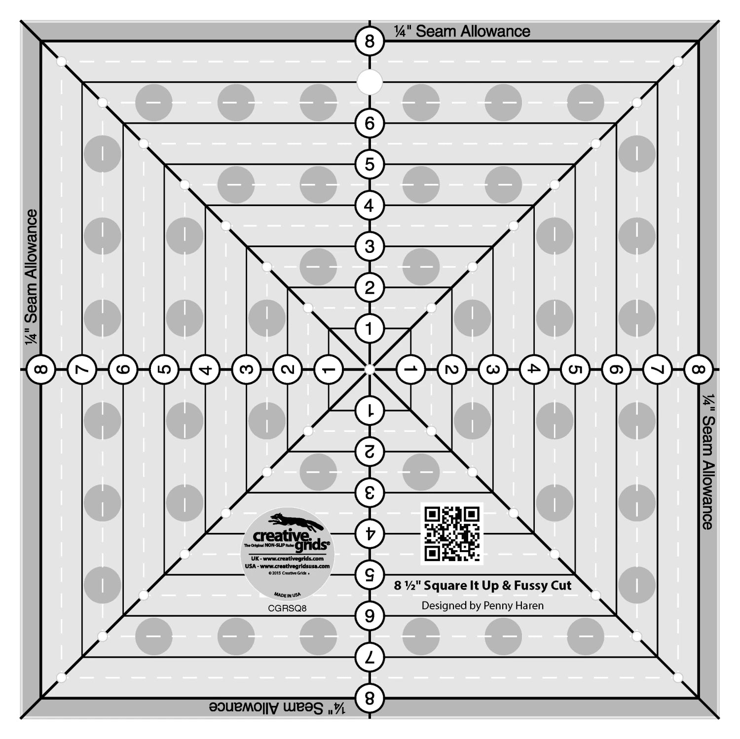 Quilting ruler with grid and measurements on a white background Creative Grids Quilt Ruler 8-1/2in Square It Up or Fussy Cut Square # CGRSQ8- Carmon's Quilt Shop 