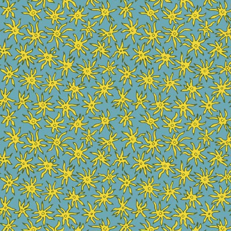 Pattern of yellow sun shapes on a blue background Cactus Garden - Spider Flower Fabric - 31147-B - QT Fabrics - Carmon's Quilt Shop