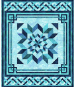 Decorative quilt with blue and white pattern on a geometric background