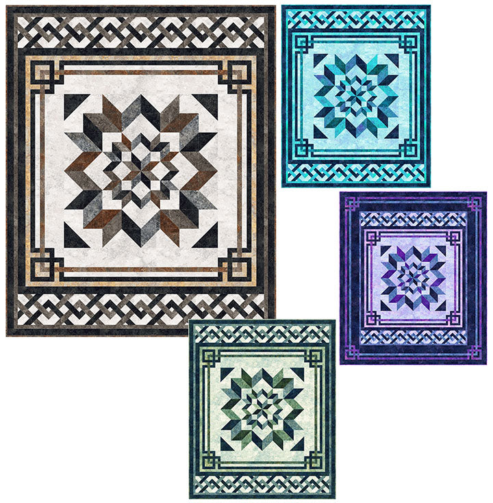 Four decorative quilts with geometric patterns on a white background