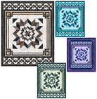 Four decorative quilts with geometric patterns on a white background