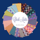 Circular arrangement of colorful checkered fabric swatches with 'Check Mates by Anna Maria' text in the center on a blue background. Check Mates  Gameboard Fabric Fat Quarter Bundle  by Anna Maria Parry FQCHECK18-10
