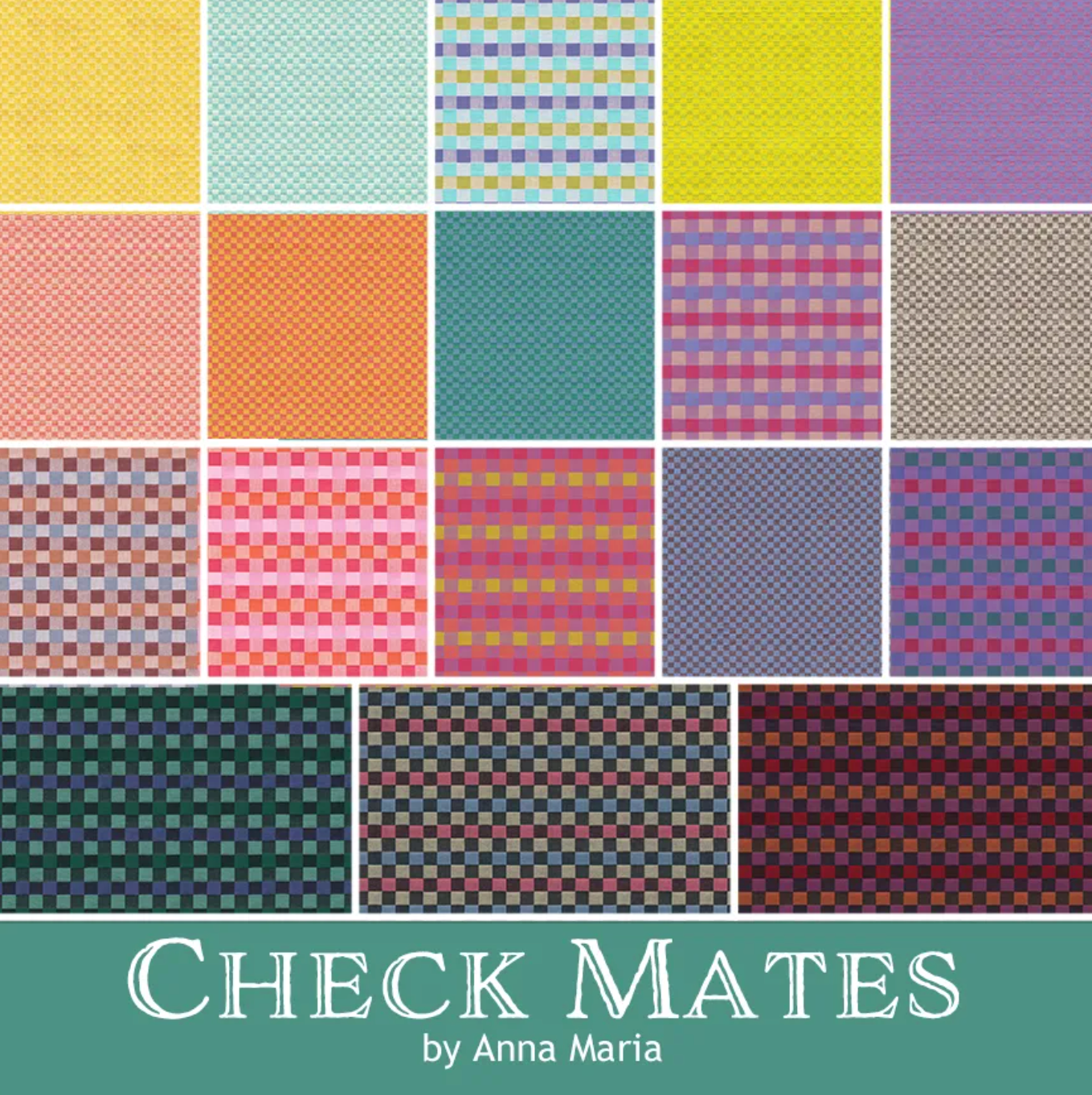 Patterned fabric swatches arranged in a grid with 'Check Mates by Anna Maria' text at the bottom. Check Mates  Gameboard Fabric Fat Quarter Bundle  by Anna Maria Parry FQCHECK18-10