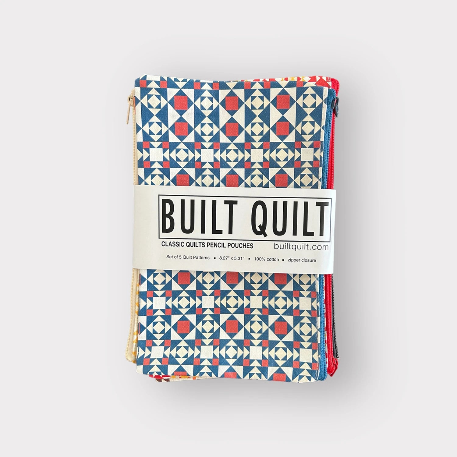 Pack of quilt-patterned pencil pouches with 'Built Quilt' label on a white background