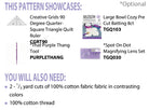 List of sewing tools and materials with product names and codes on a white background Color Blocked Bowl Cozy -Size 13" x 13"  Designed By Carolina Moore - Carmon's Quilt Shop
