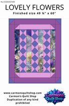 Quilt pattern with purple border and floral design, labeled 'Lovely Flowers' by Carmon's Quilt Shop.