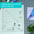 Quilting ruler with printed cutting charts on a cutting mat. Creative Grids Quilt Ruler Kitty Cornered # CGRDH5 - Carmon's Quilt Shop