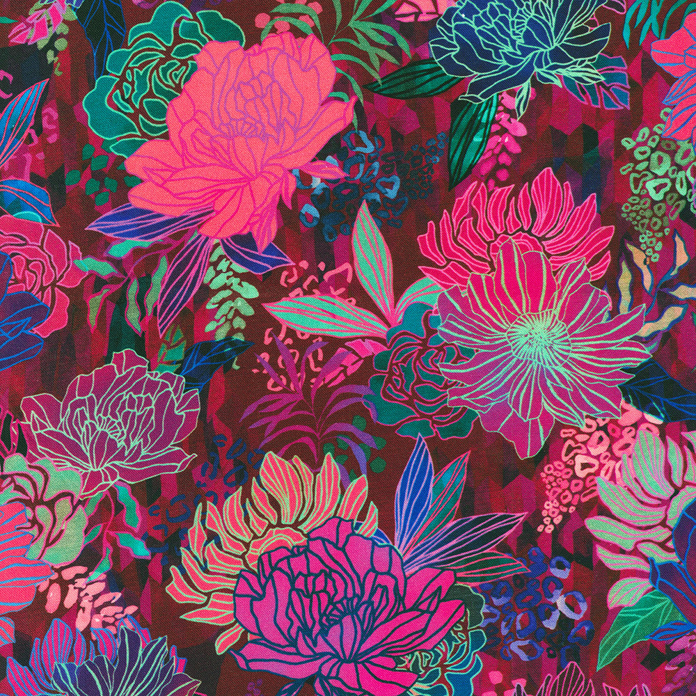 Colorful floral pattern on a dark background DAHLIA 108" Wide Backing Robert Kaufman by Christiane Marques SRKDX-21970-472 Carmon's Quilt Shop