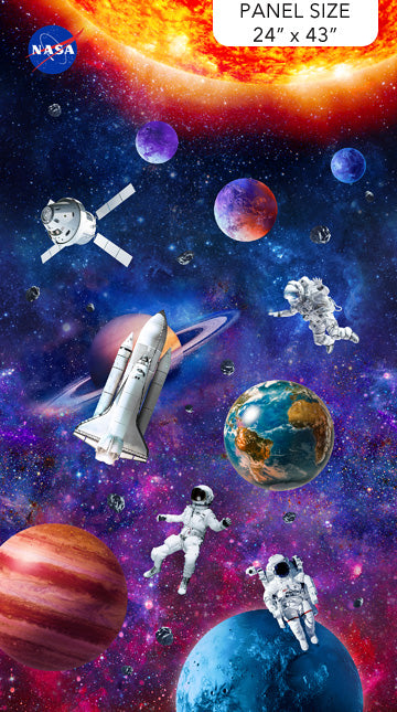 Space-themed artwork with planets, astronauts, and a space shuttle on a colorful background.